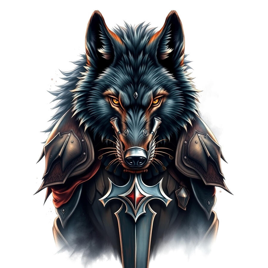 Prompt: Dire wolf with medieval armor