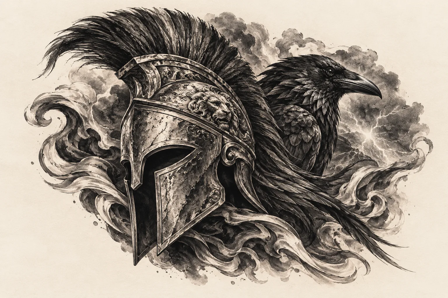 Original AI-generated black-and-grey illustration of a raven, ornate helmet and intricate engraved ornament