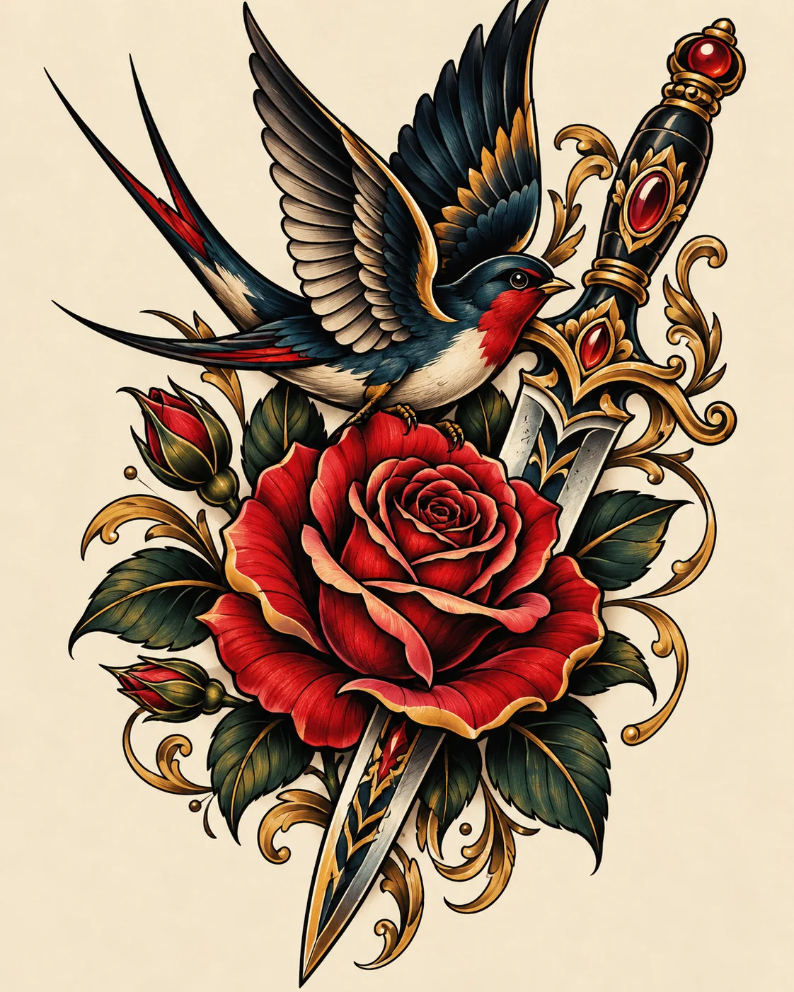 Original AI-generated neo-traditional swallow, red rose and ornate dagger illustration