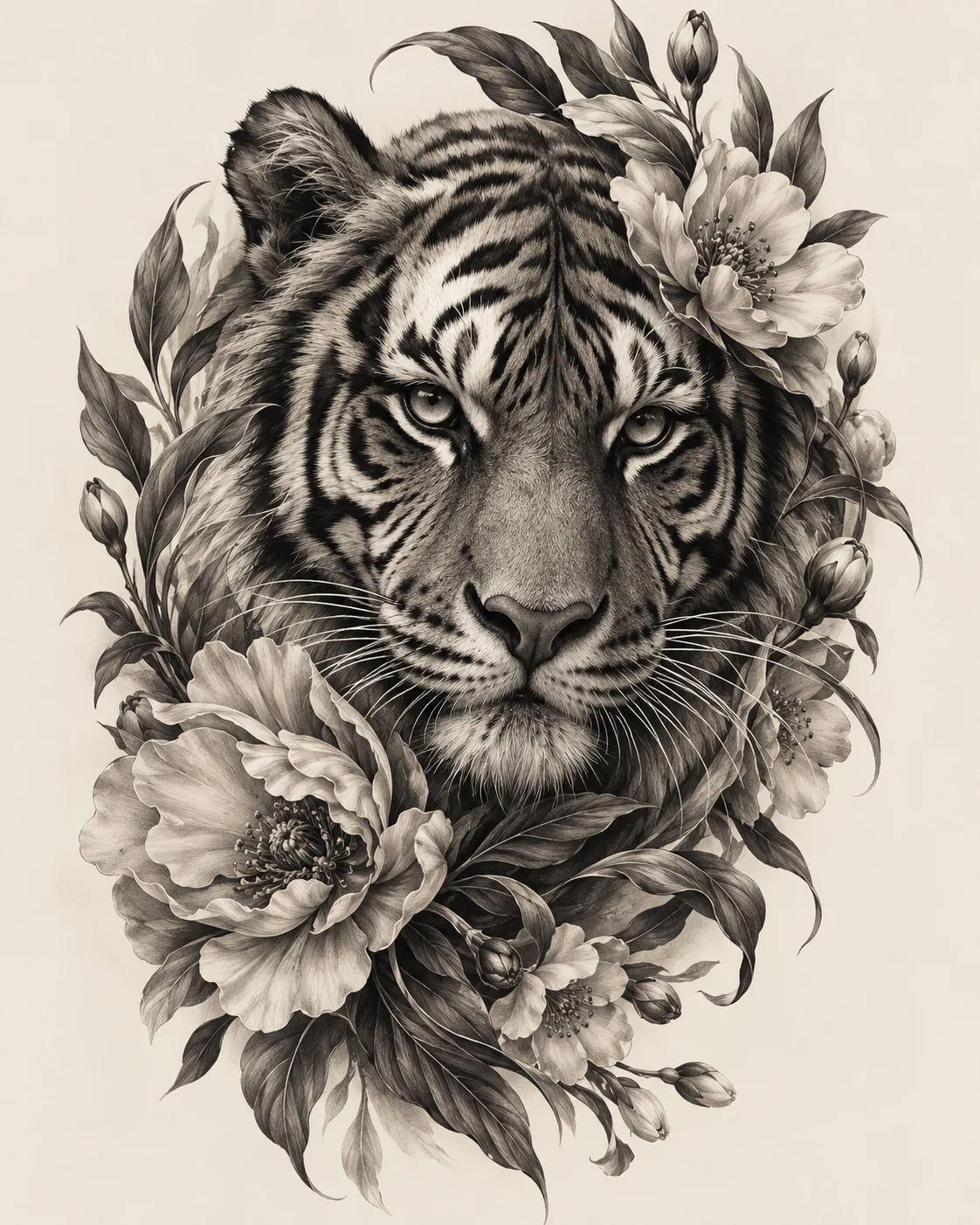 Original AI-generated detailed tiger portrait framed by pink blossoms